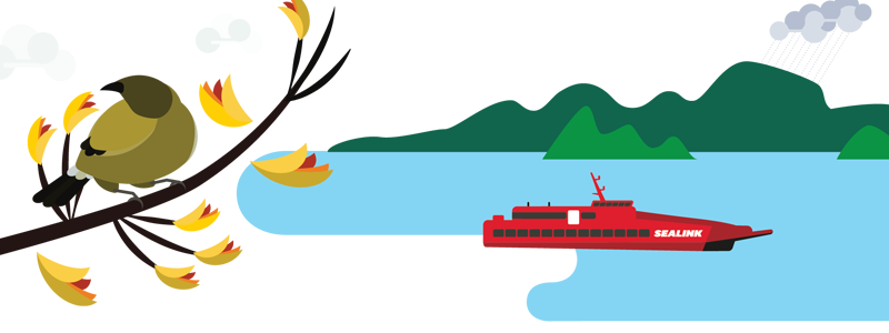 Illustration of a kererū perching on a flax leaf with a Sealink ferry sailing across the Hauraki Gulf towards Aotea/Great Barrier in the background.