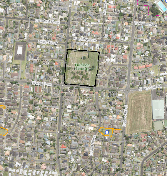 Aerial photo showing location of Pukekohe Cemetery within Pukekohe area