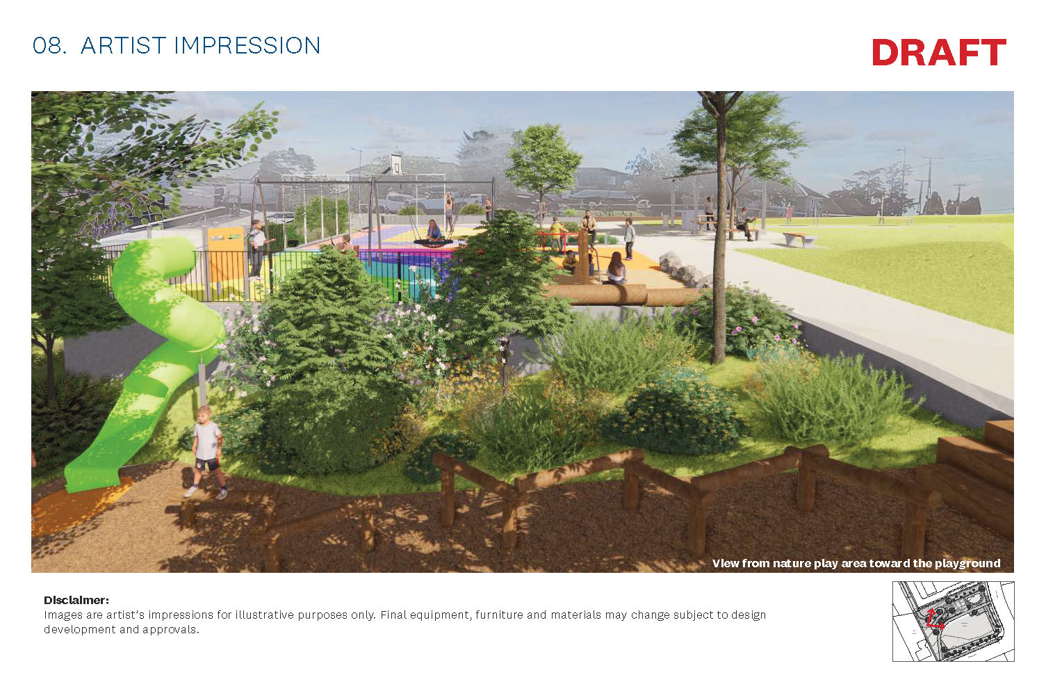 A landscaped park with a mix of natural and built play areas. In the foreground, a child stands beside a bright green spiral slide surrounded by trees and garden planting. Behind the planting, families and children play on colourful play surfacing with swings and climbing equipment. A low fence separates the play zone from the nature play area, which has timber balance beams and mulch ground cover. A concrete path and seating run alongside the play space under young trees.