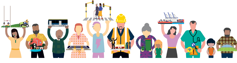 Illustration of a group of people each holding an object representing part of our annual plan, like a sports field, bus, playground swings, rubbish bins, train, sports stadium and a level crossing.