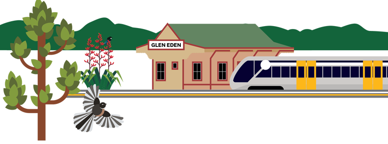 Illustration of Glen Eden Train Station with an electric train at the platform. A fantail is flying near a tree and flax with orange flowers. There are green hills behind the station building.