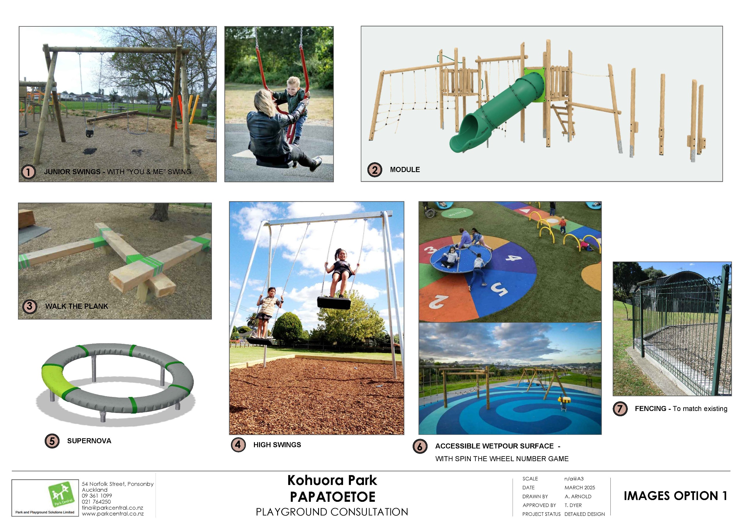 Concept option 1 includes junior swings, a play module with a slide, balance beams, high swings, a supernova, wetpour surfacing and fencing.