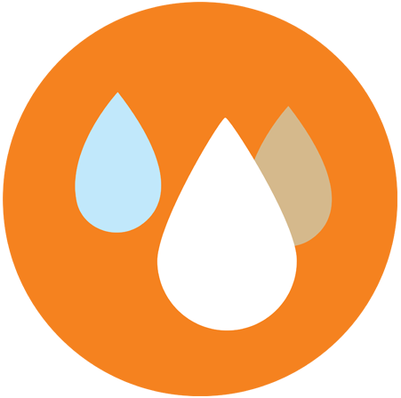 Orange circle with an illustration of three different-coloured drops of water.