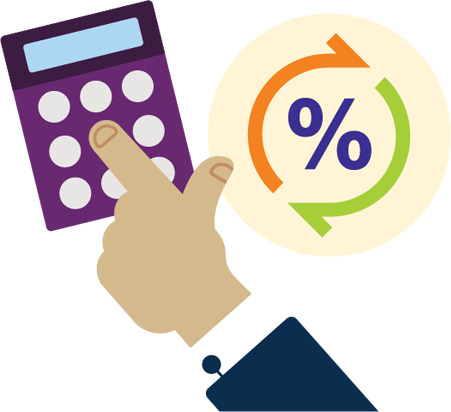 Illustration of a person's hand using a calculator next to a circle made up of two arrows pointing in opposite directions with a percentage sign in the middle.