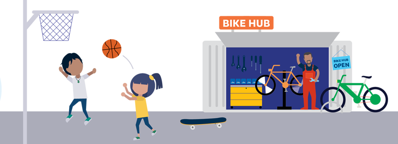 Illustration of two children playing basketball next to a skate­board and a person working on a bike inside an open 'Bike Hub'.