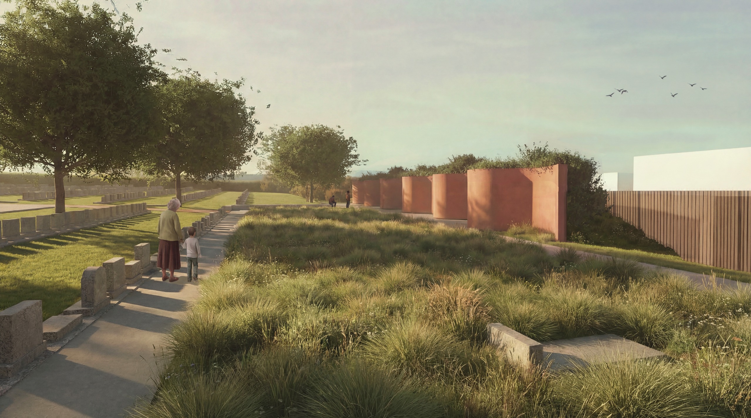 Artist's impression of view of sculptural wall and low planting over area of unmarked graves