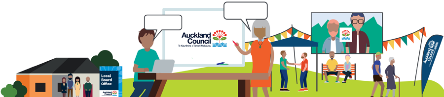 Illustration of a community event with council staff and locals talking, working at a laptop, watching a large screen and gathering near a local board office.