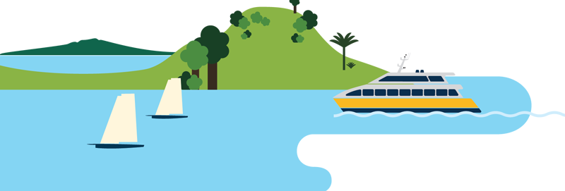 Illustration of a ferry and two yachts sailing in the Waitemata Harbour with Mount Victoria and Rangitoto Island in the background.