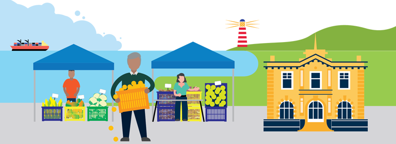 Illustration of an outdoor market with people selling fruit and vegetables under canopies by the sea. A cargo ship is on the water and a lighthouse stands on a hill. On the right is the Helensville historic post office building.