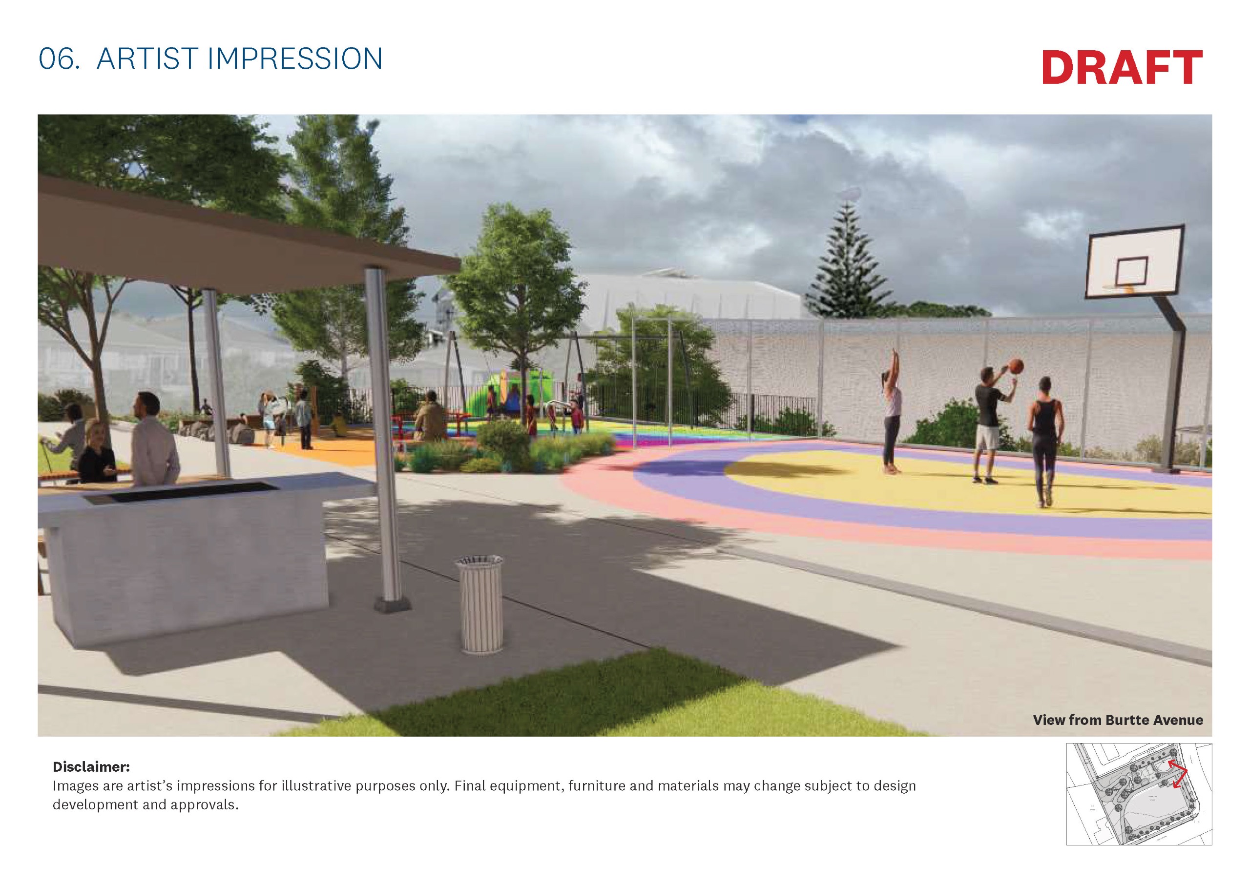 A wide concrete path leads into a community park with seating, trees, and a half basketball court. Three people play basketball on a circular court painted in yellow, purple, and orange. To the left, people sit under a shaded structure near a barbecue area. The playground beyond features bright rubber surfacing, swings, and a slide, with trees and garden planting providing greenery around the play space. A tall boundary fence runs along the rear of the park.