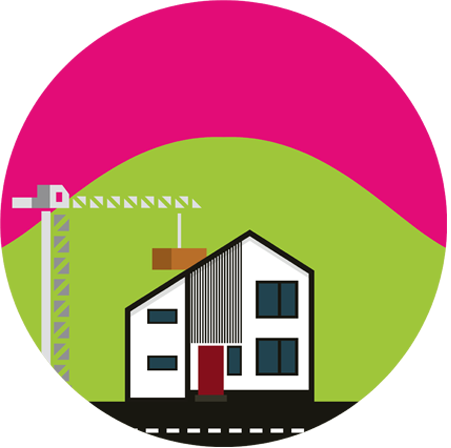 Illustration of a crane holding building materials above a house with a mountain in the background. 