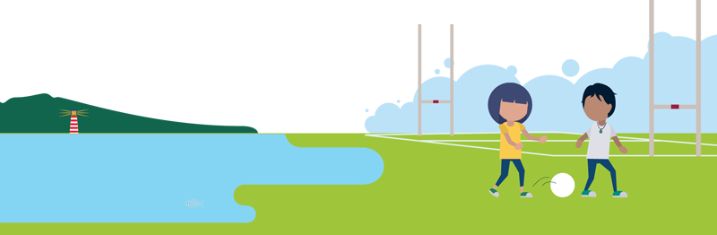 Illustration of two people playing football on a field next to a bay, with a lighthouse and rugby posts in the background.