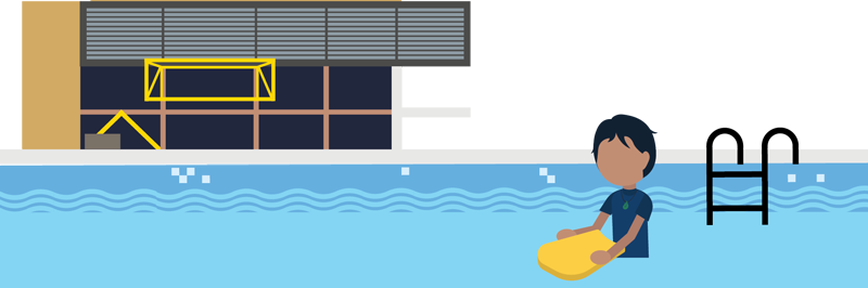Illustration of a child in a swimming pool holding a swimming float, with a pool ladder on the right and a sports centre in the background.