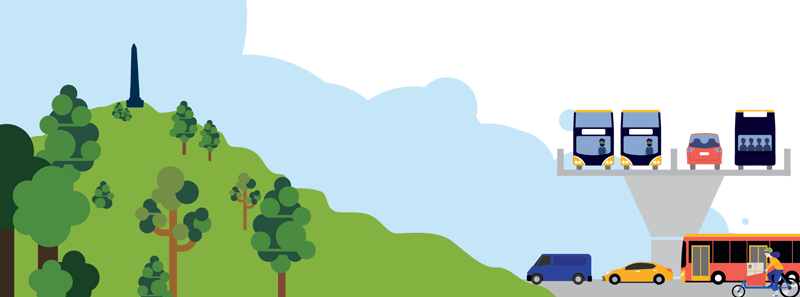 Illustration of One Tree Hill with its Obelisk monument at the top. To the right, cars, buses and a cyclist travel on roads, with more buses and a car on flyover above.