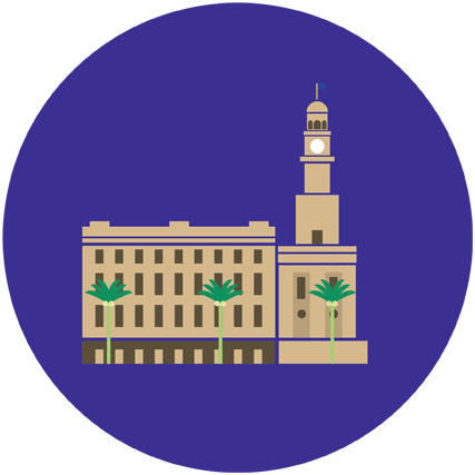 Purple circle with an illustration of a government building behind three palm trees.