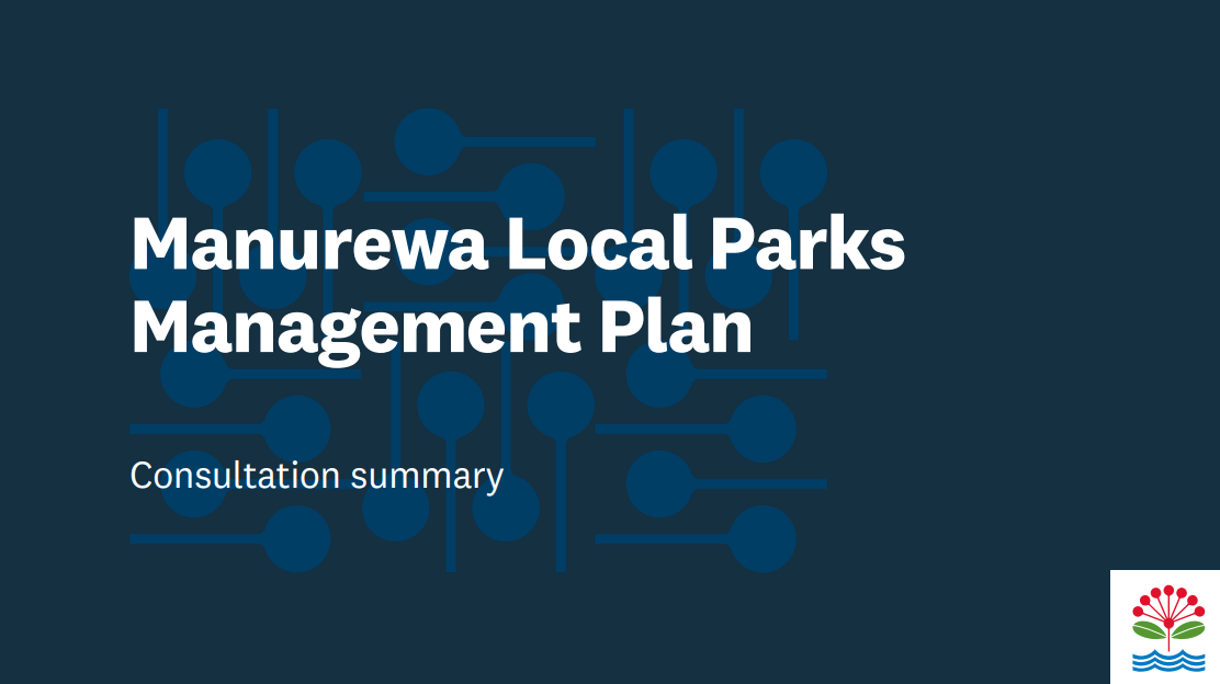 A screenshot of the cover of the report that says "Manurewa Local Parks Management Plan: Consultation summary"