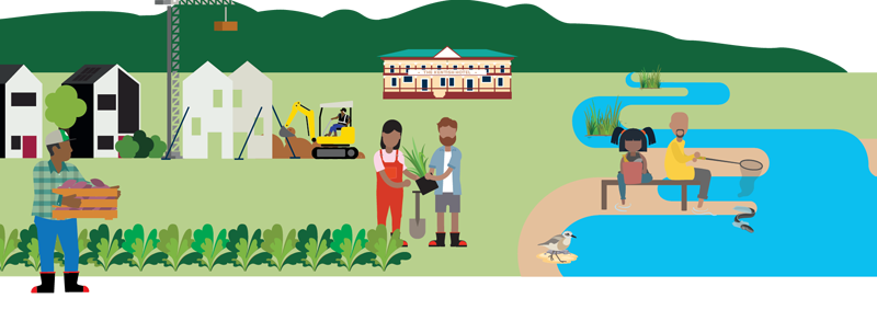 Illustration of people planting shrubs in a public park next to a lake where two people are fishing. There is a new housing development and hills in the background.