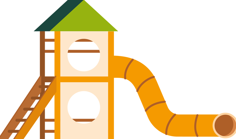 Illustration of a playground structure with a ladder, two platforms and a tunnel slide.