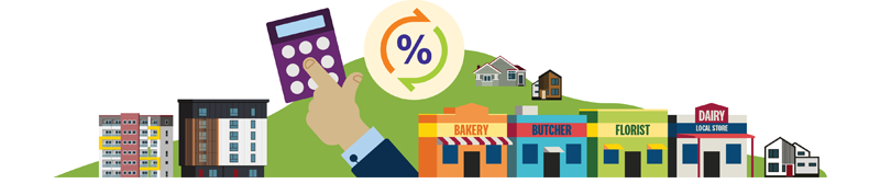 Illustration of a hand holding a calculator above buildings and a bakery, butcher, florist and dairy, with a percentage symbol and arrows representing rates changes.