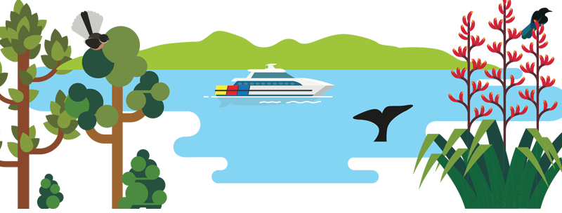 Illustration of a ferry on the Hauraki Gulf with green hills, a fantail in a tree, a tūī on flax and a whale’s tail in the water.