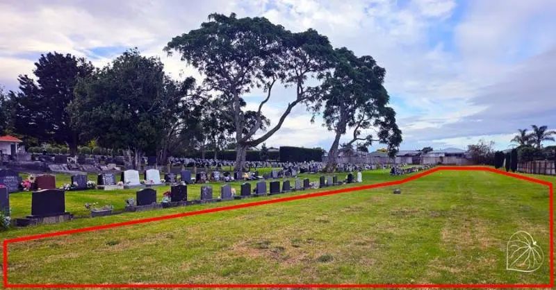 Image of Pukekohe Cemetery showing the area of unmarked graves in red