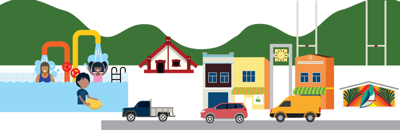 Illustration of people in an outdoor pool and under outdoor showers in front of green hills. Nearby is a marae, rugby posts, a row of colourful shops, passing vehicles and a building with a mural of a kererū.