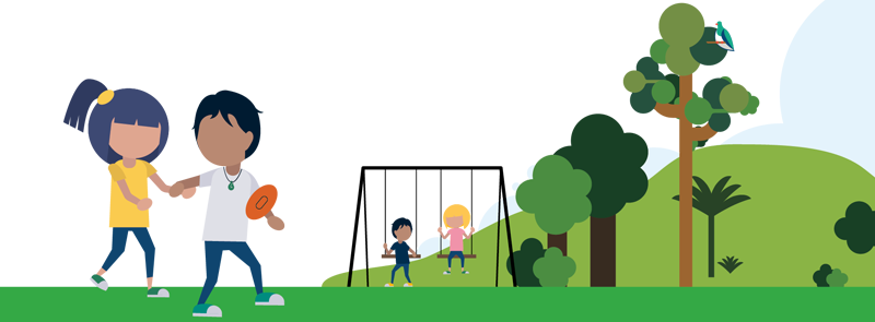 Illustration of children playing in a park. Two children walk together while one holds a frisbee. Behind them, two other children sit on swings. The background shows green hills, trees and a kererū in a tree.
