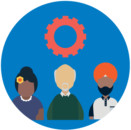 Blue circle showing three people below a red cog.