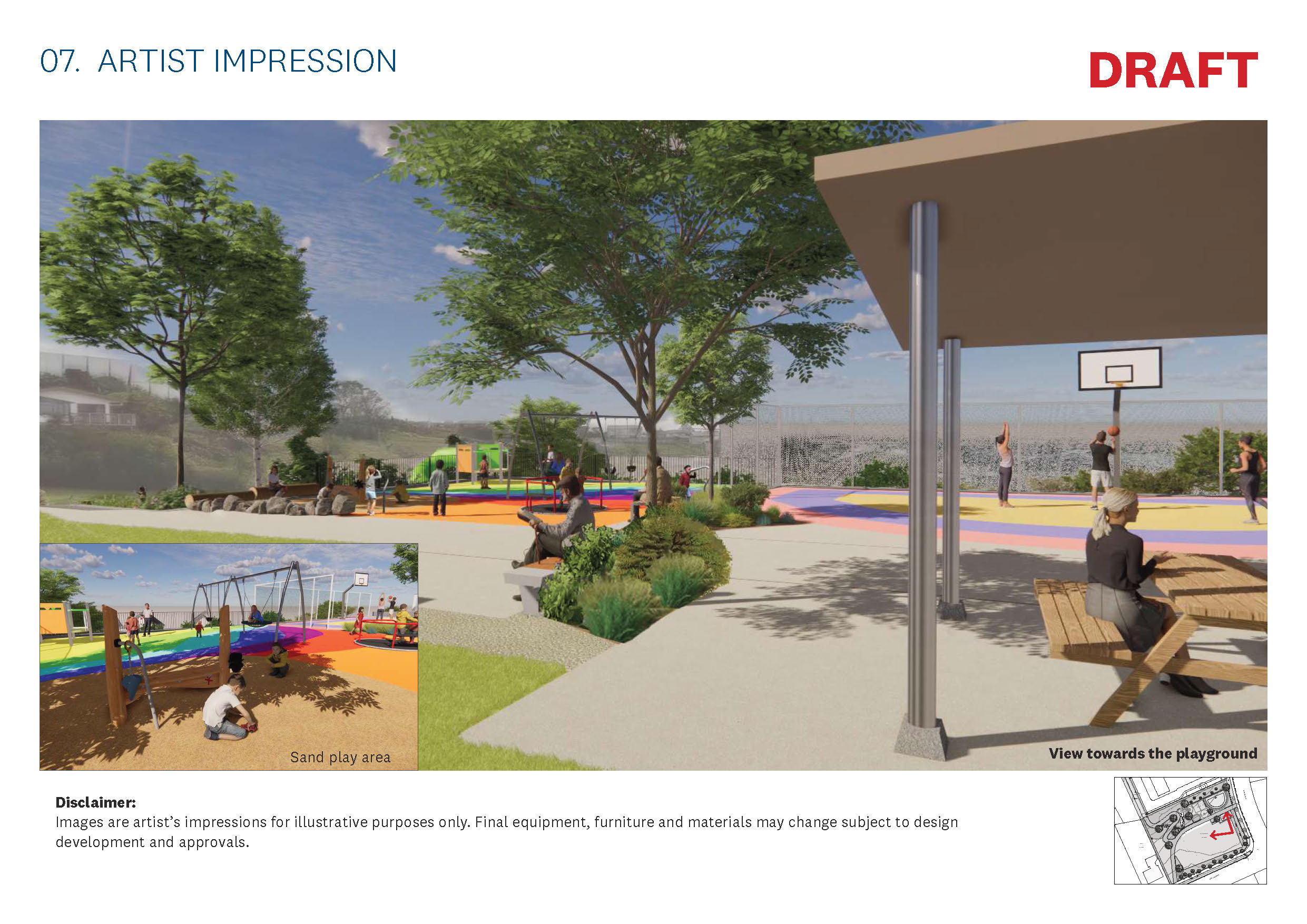 A shaded picnic area looks out toward a basketball court and playground. The court has rainbow-coloured surfacing and is bordered by planting and mature trees. A person sits at a picnic table in the shade, watching people shoot hoops. Children play nearby on swings and climbing structures. The inset image at the bottom left shows a closer view of the sand play area, where children dig and play under a large tree beside the swings.