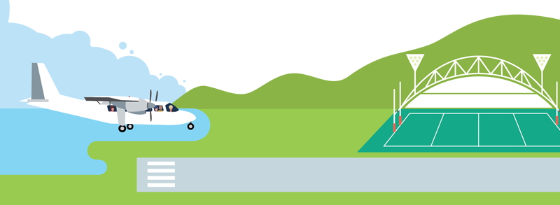 Illustration of a small passenger plane flying low over the water towards a runway. In the background are green hills, a rugby pitch and a large sports stadium with floodlights.