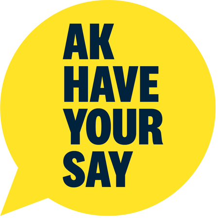 Yellow speech bubble with the text "AK Have Your Say".