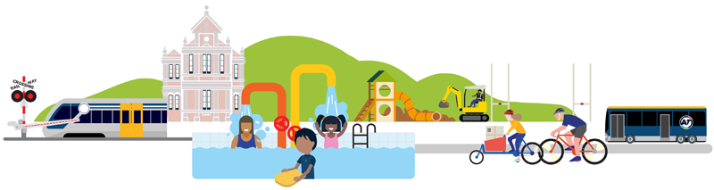 Illustration of public facilities and services, including a train at a crossing, a heritage building, children playing in a pool, a playground, construction work, cyclists on a shared path and a bus.