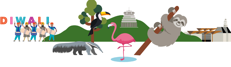 Illustration of cultural celebrations and zoo animals, including a group performing under a ‘DIWALI’ sign, a toucan in a tree, an anteater, a flamingo and a sloth hanging from a branch, with city buildings in the background.