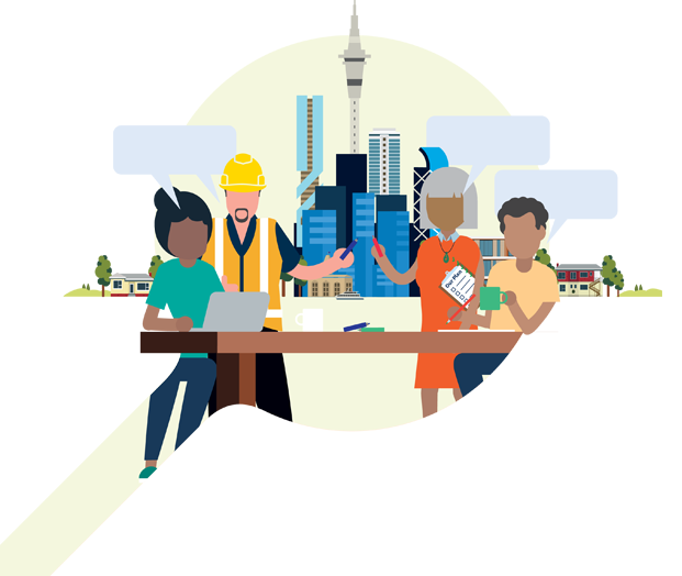  Illustration of a group of council staff in a planning session against a backdrop of Auckland city centre.