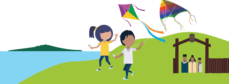Illustration of two children running on a grassy hill while flying colorful kites. In the background is blue water with a green island, and a marae with four people standing at its entrance. The sky is clear and bright.