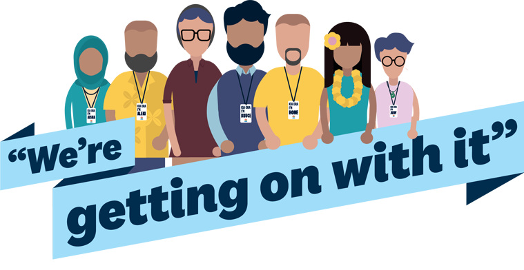 Illustration of a group of council staff standing behind a sign that says, "We're getting on with it".