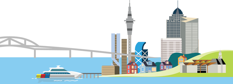Illustration of the Auckland waterfront and skyline, including the Sky Tower and high-rise buildings. The Harbour Bridge stretches across the water and a ferry travels across the harbour. There are colourful houses and a building on a green hillside along the shore.
