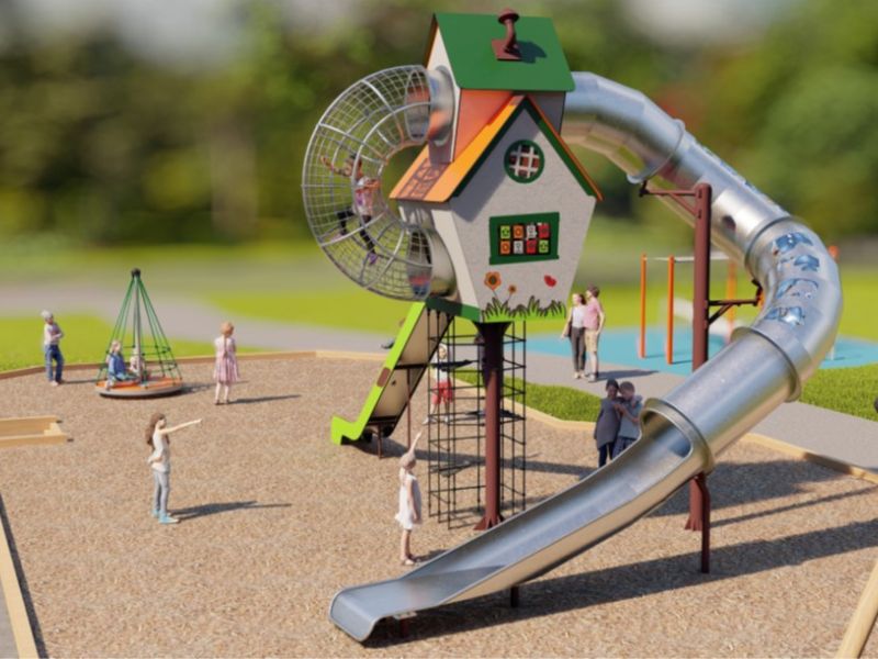 Option 1 focuses on one main play structure that stands out as a fun centrepiece for the park. The tall tower gives children lots of ways to climb, explore, and move at different heights, with a long enclosed slide as a highlight. Around the tower are spaces where children can watch, wait, or play together, making it a social place as well as an active one. The playful design and natural colours help it feel welcoming and imaginative, while clear sightlines make it easy for caregivers to supervise.