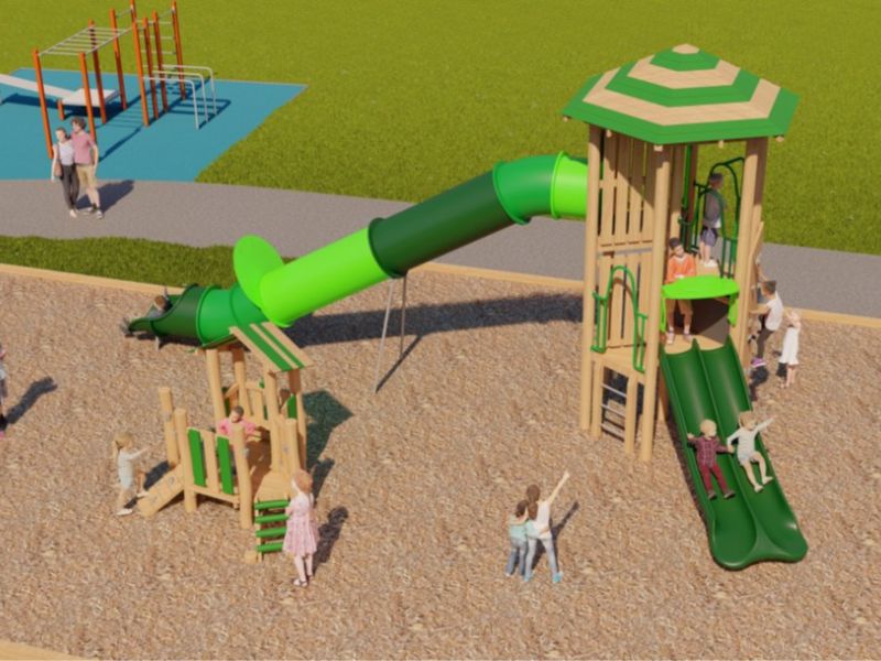 Option 2 spreads play equipment across the area rather than focusing on one big structure. This creates several smaller play spaces where children can choose how and where they want to play. The design includes a mix of physical play, sensory activities, and quieter areas, helping children of different ages and abilities feel comfortable and included. Easy access, ground‑level features, and interactive elements support a wider range of play styles, making the space flexible and welcoming for families who use the park in different ways.