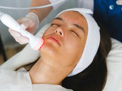 A person receiving a laser facial treatment in a spa